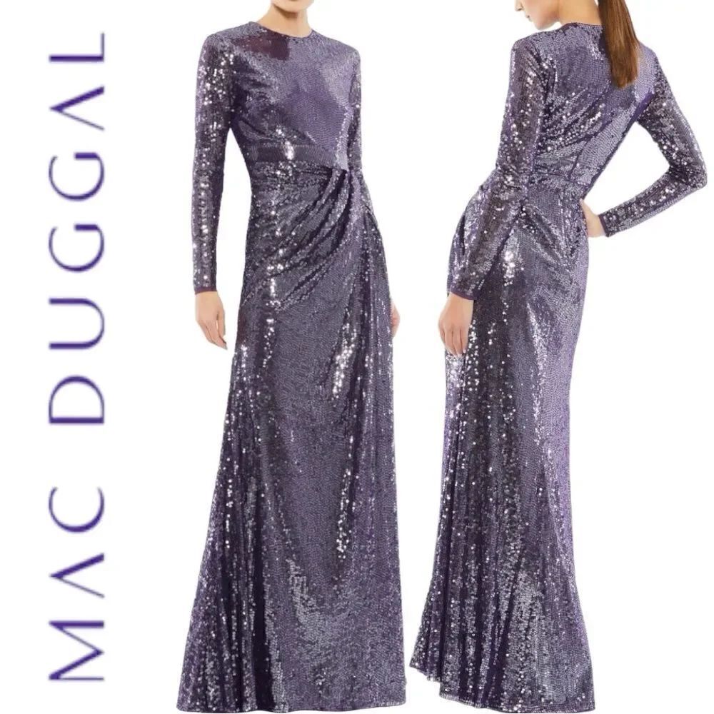 MAC DUGGAL Women’s Sequined High Neck Long Sleeves Draped Gown in the Size 10